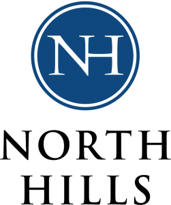 News 5 Logo of North Hills with dark blue circle and white "NH" in the middle. Black text "NORTH HILLS" below circle.